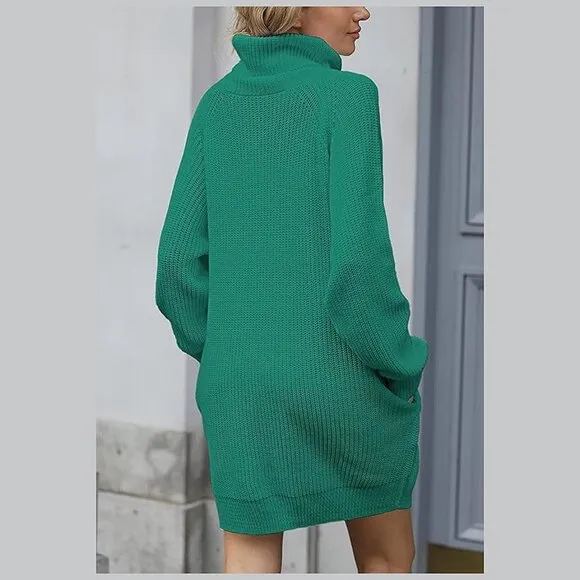 Women's Loose Turtleneck Oversize Long Pullover Sweater Dress Y - Turquoise