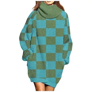 Women's Loose Turtleneck Oversize Long Pullover Sweater  Y - Blue and Green