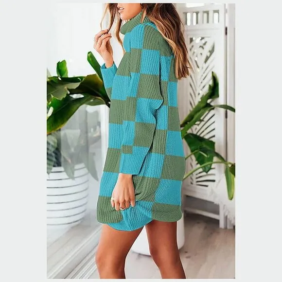 Women's Loose Turtleneck Oversize Long Pullover Sweater  Y - Blue and Green