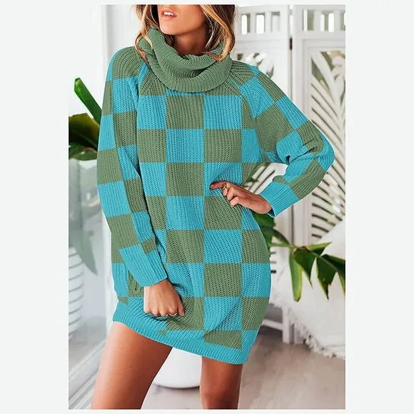 Women's Loose Turtleneck Oversize Long Pullover Sweater  Y - Blue and Green