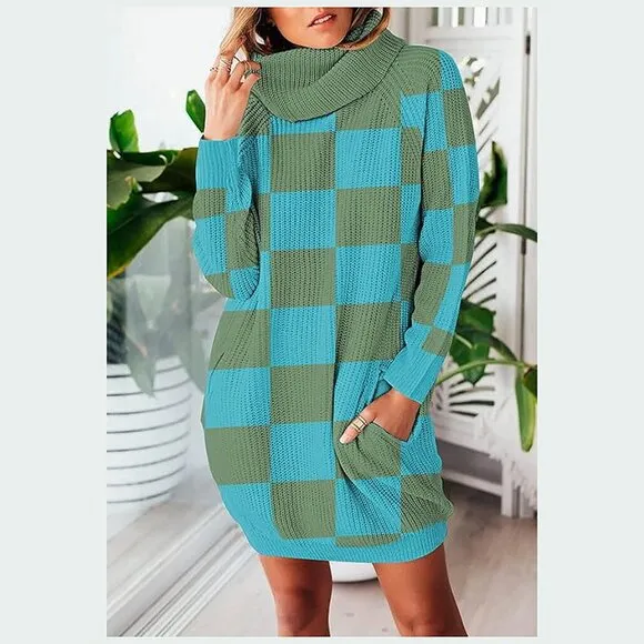 Women's Loose Turtleneck Oversize Long Pullover Sweater  Y - Blue and Green
