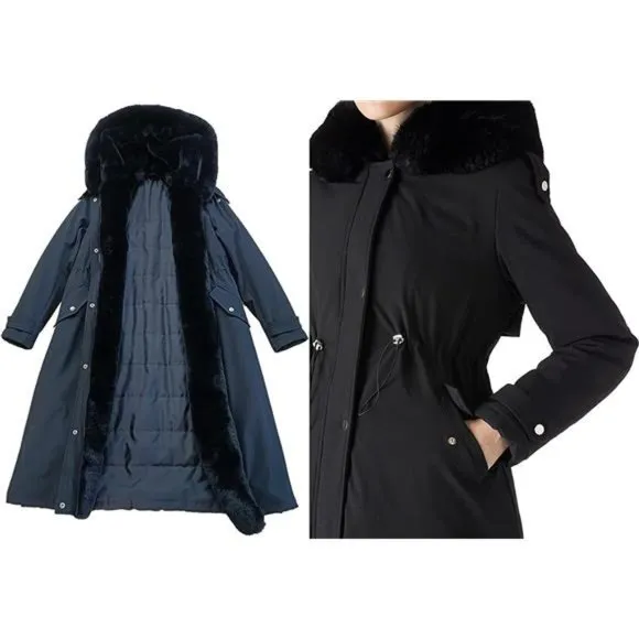 Women's Puffer Jacket Hooded with Fur Collar Padded Coat - Black