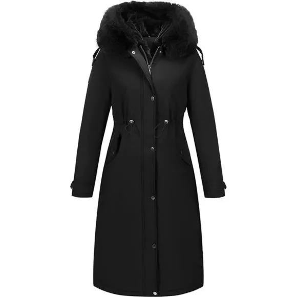 Women's Puffer Jacket Hooded with Fur Collar Padded Coat - Black