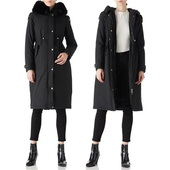 Women's Puffer Jacket Hooded with Fur Collar Padded Coat - Black