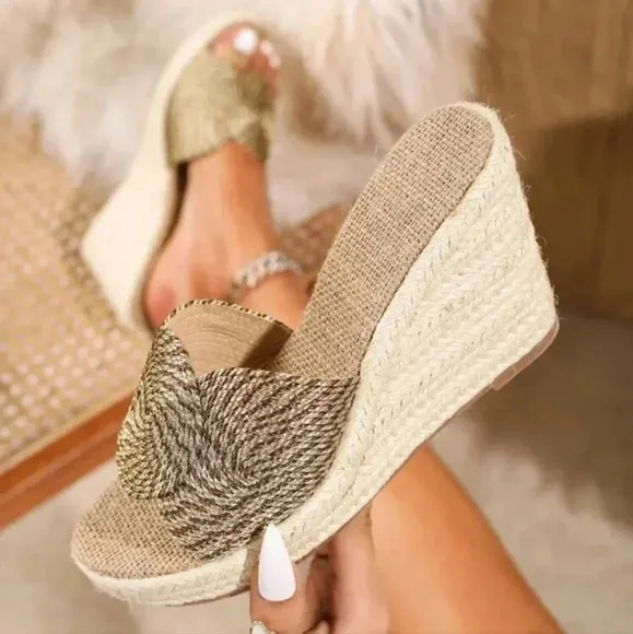 Women's Round Decorative Woven High-Heeled Wedge Sandals, With Thick Sole And Si