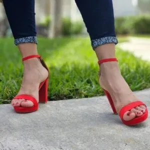 Women's Suede Ankle Strap Block Heel Dress Sandals Red Color