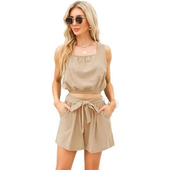 Womens Summer 2 Piece Outfits Light Khaki