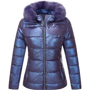 Women's Warm Quilted Bubble Padded Hood Coat with Faux Fur Collar,  Purple