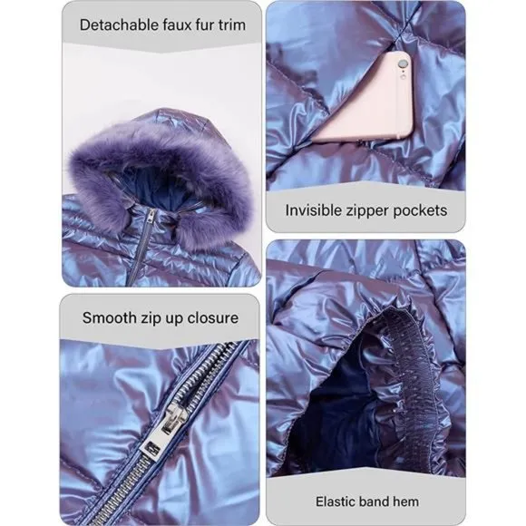 Women's Warm Quilted Bubble Padded Hood Coat with Faux Fur Collar,  Purple