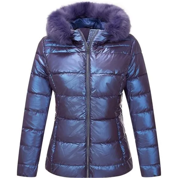 Women's Warm Quilted Bubble Padded Hood Coat with Faux Fur Collar,  Purple