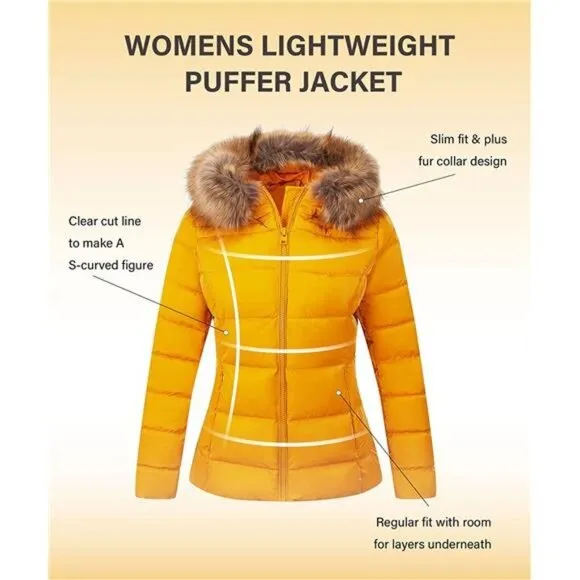 Women's Warm Quilted Bubble Padded Hood Coat with Faux Fur Collar, Yellow