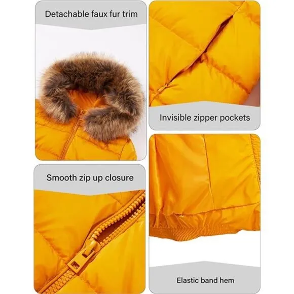 Women's Warm Quilted Bubble Padded Hood Coat with Faux Fur Collar, Yellow