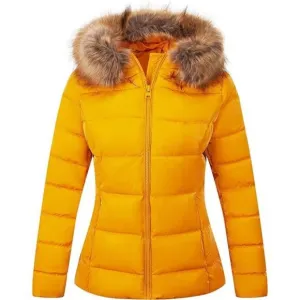 Women's Warm Quilted Bubble Padded Hood Coat with Faux Fur Collar, Yellow