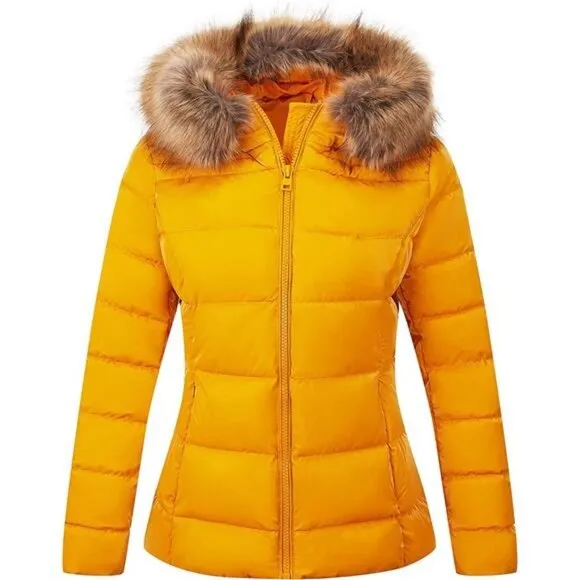 Women's Warm Quilted Bubble Padded Hood Coat with Faux Fur Collar, Yellow