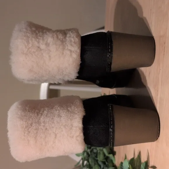 Women's Wedge Heel Poppy Boots Black and Cream Winter Boots with Plush Cuff
