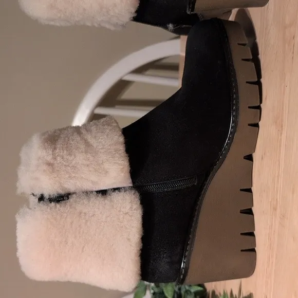 Women's Wedge Heel Poppy Boots Black and Cream Winter Boots with Plush Cuff