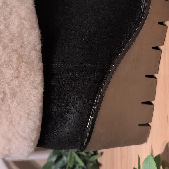 Women's Wedge Heel Poppy Boots Black and Cream Winter Boots with Plush Cuff