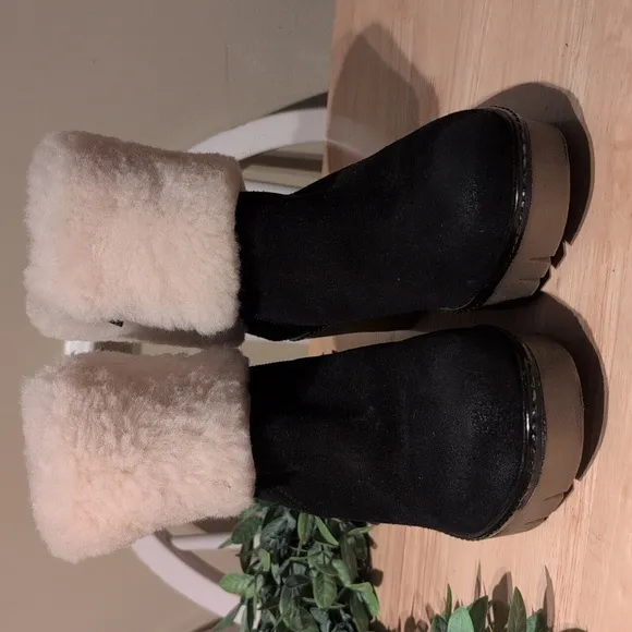 Women's Wedge Heel Poppy Boots Black and Cream Winter Boots with Plush Cuff