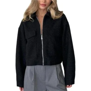 Women's Wool Coat Lapel Zip Up Bomber Jacket Black