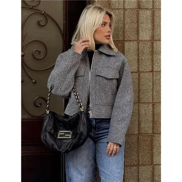 Women's Wool Coat Lapel Zip Up Bomber Jacket Grey1