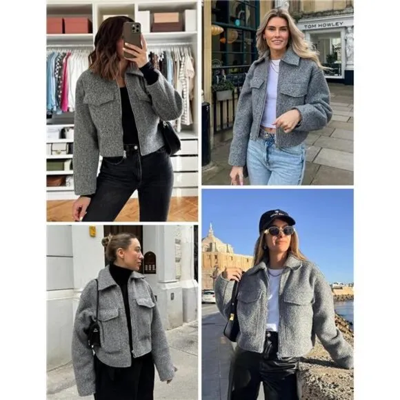Women's Wool Coat Lapel Zip Up Bomber Jacket Grey1