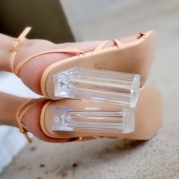 Women Square Toe Clear Block High Heel Sandals Peach Color