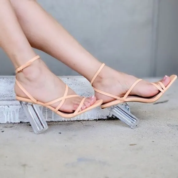 Women Square Toe Clear Block High Heel Sandals Peach Color
