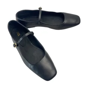 ZARA Ballet Flats with Adjustable Strap Square Vamp and Toes In Black Size 38