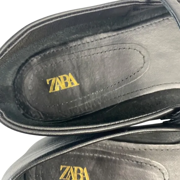 ZARA Ballet Flats with Adjustable Strap Square Vamp and Toes In Black Size 38