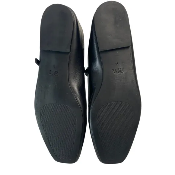 ZARA Ballet Flats with Adjustable Strap Square Vamp and Toes In Black Size 38