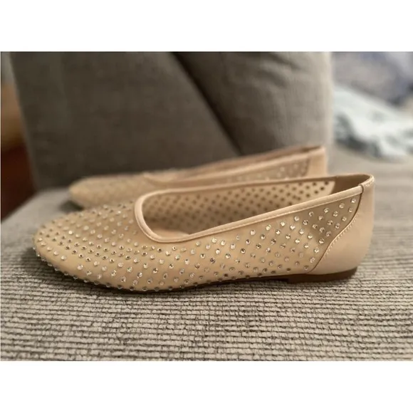 ZARA Beige Cream Nude Mesh Sheer Rhinestone Round Toe Ballet Flats SZ 39 8 Shoes
