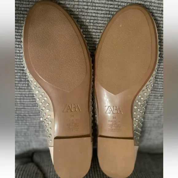 ZARA Beige Cream Nude Mesh Sheer Rhinestone Round Toe Ballet Flats SZ 39 8 Shoes