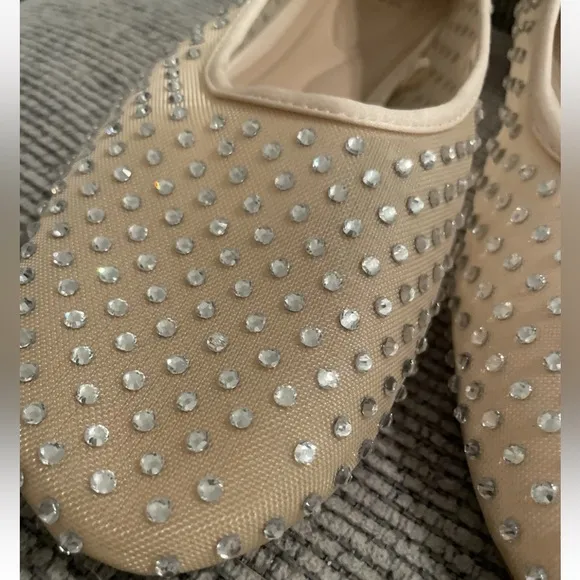 ZARA Beige Cream Nude Mesh Sheer Rhinestone Round Toe Ballet Flats SZ 39 8 Shoes