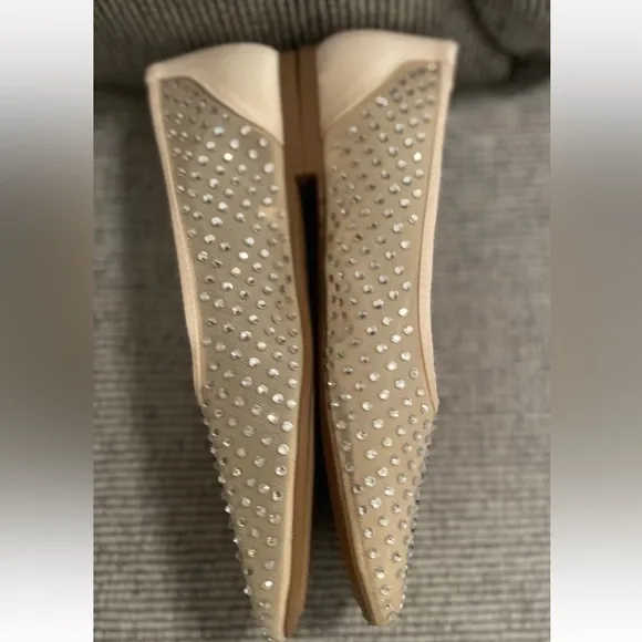 ZARA Beige Cream Nude Mesh Sheer Rhinestone Round Toe Ballet Flats SZ 39 8 Shoes