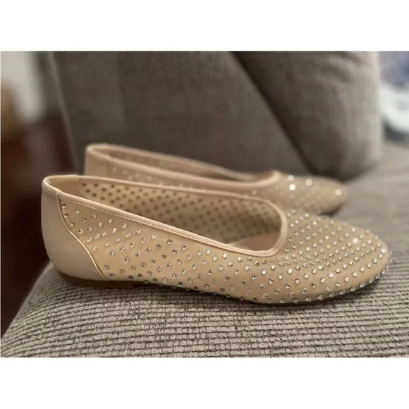 ZARA Beige Cream Nude Mesh Sheer Rhinestone Round Toe Ballet Flats SZ 39 8 Shoes
