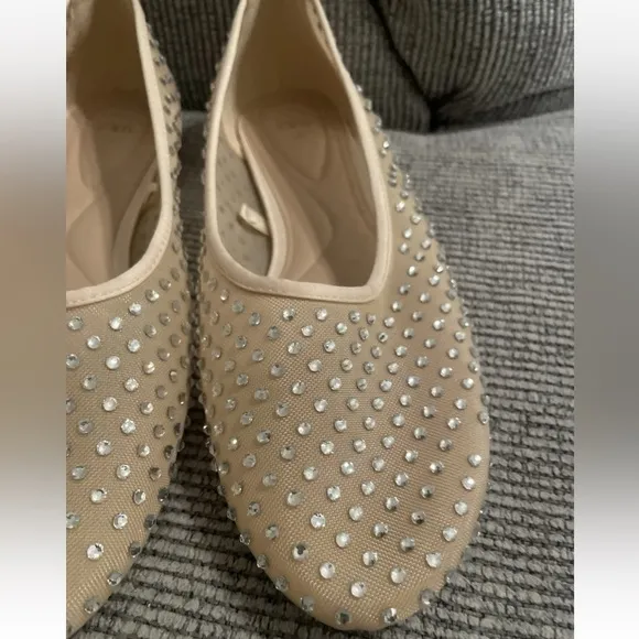 ZARA Beige Cream Nude Mesh Sheer Rhinestone Round Toe Ballet Flats SZ 39 8 Shoes