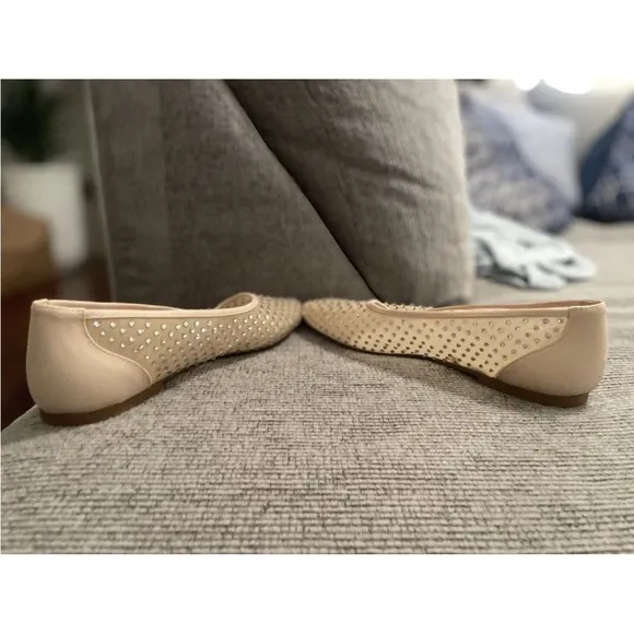 ZARA Beige Cream Nude Mesh Sheer Rhinestone Round Toe Ballet Flats SZ 39 8 Shoes