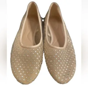 ZARA Beige Cream Nude Mesh Sheer Rhinestone Round Toe Ballet Flats SZ 39 8 Shoes
