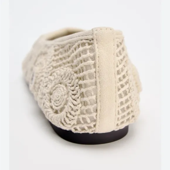 Zara Crochet Woven Mirrored Ballet Flats shoes Light Beige Cream NWT 1503/410