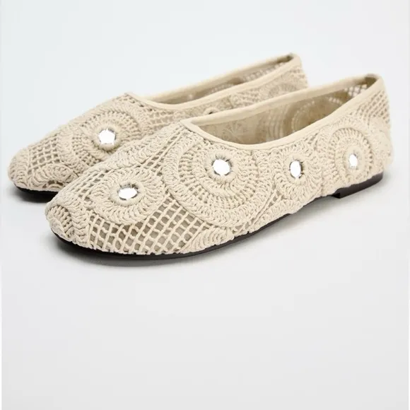 Zara Crochet Woven Mirrored Ballet Flats shoes Light Beige Cream NWT 1503/410