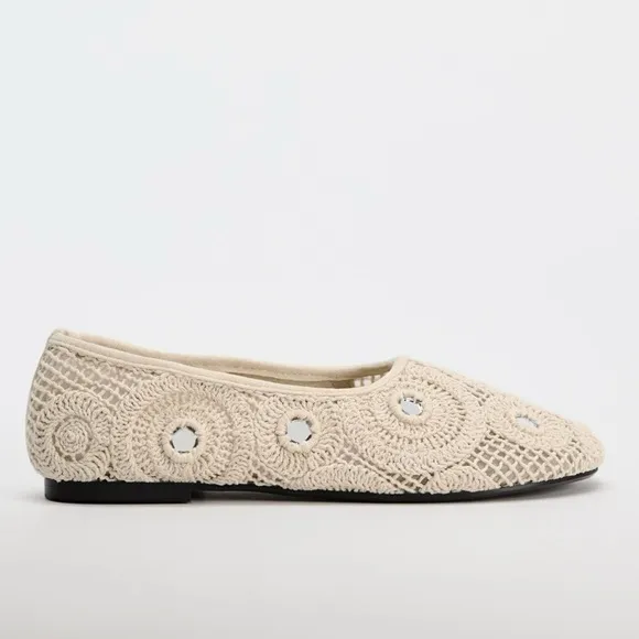 Zara Crochet Woven Mirrored Ballet Flats shoes Light Beige Cream NWT 1503/410