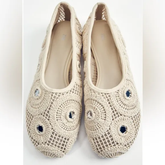 Zara Crochet Woven Mirrored Ballet Flats shoes Light Beige Cream NWT 1503/410