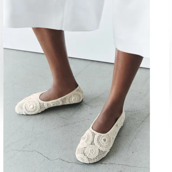 Zara Crochet Woven Mirrored Ballet Flats shoes Light Beige Cream NWT 1503/410