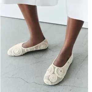 Zara Crochet Woven Mirrored Ballet Flats shoes Light Beige Cream NWT 1503/410