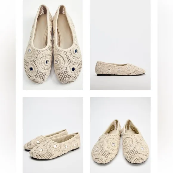 Zara Crochet Woven Mirrored Ballet Flats shoes Light Beige Cream NWT 1503/410