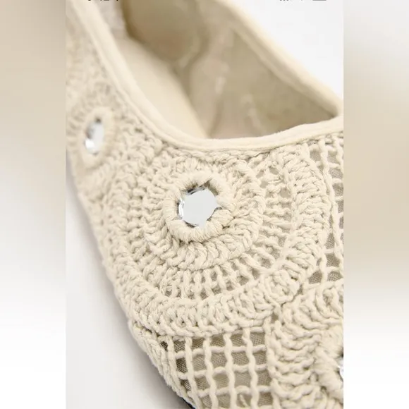 Zara Crochet Woven Mirrored Ballet Flats shoes Light Beige Cream NWT 1503/410