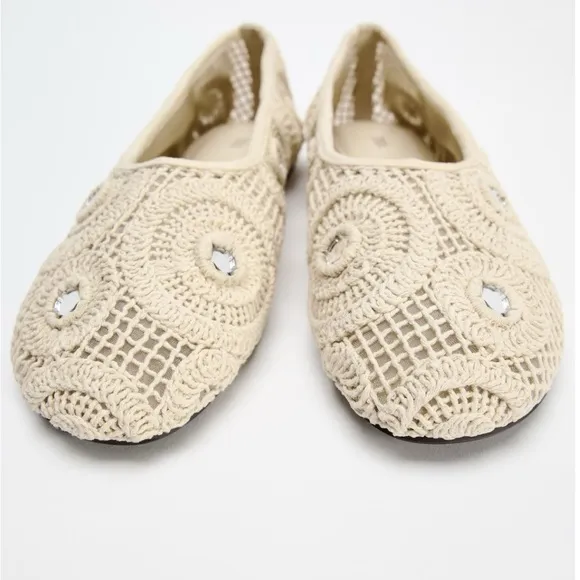 Zara Crochet Woven Mirrored Ballet Flats shoes Light Beige Cream NWT 1503/410
