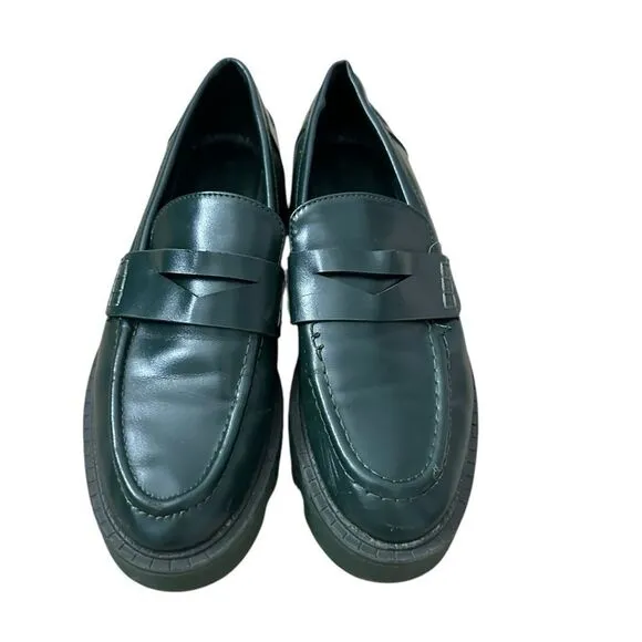 Zara Green Leather Chunky Sole Penny Loafers | Size 7.5/ 38