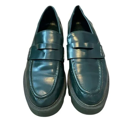 Zara Green Leather Chunky Sole Penny Loafers | Size 7.5/ 38