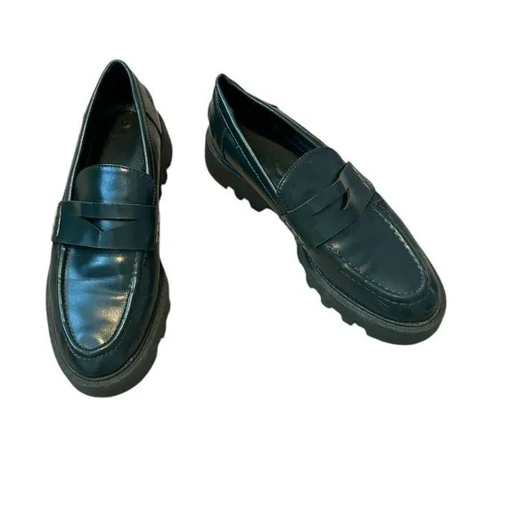 Zara Green Leather Chunky Sole Penny Loafers | Size 7.5/ 38